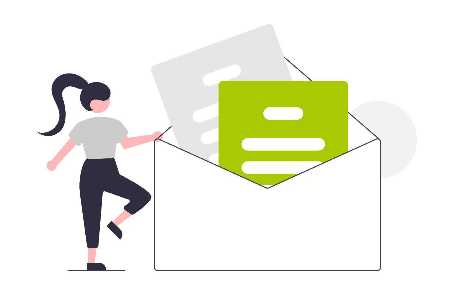 An illustration of a person standing next to an oversized envelope. Inside the envelope, there are two large documents, one grey and one green.