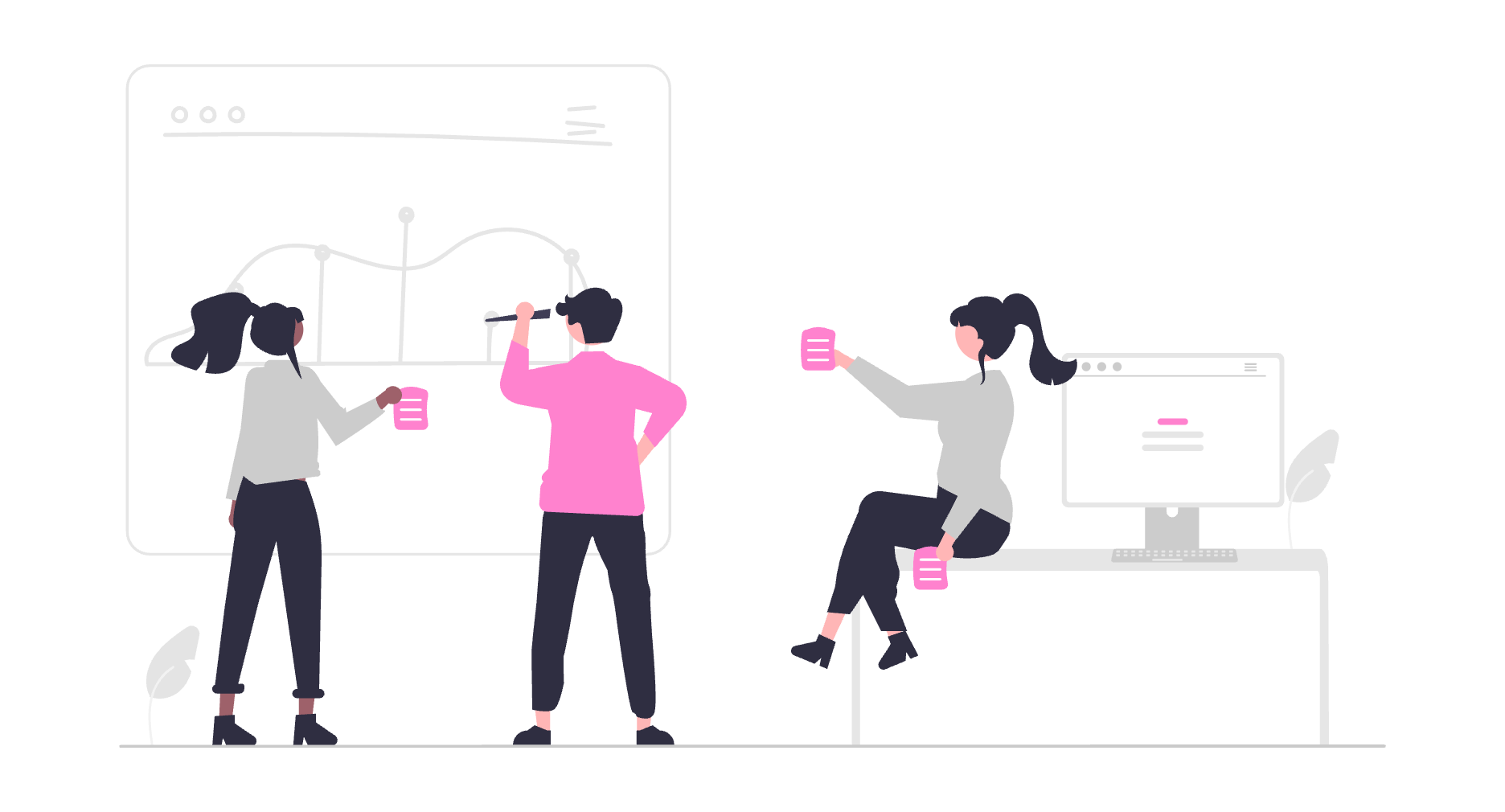 An illustration of three people in a workspace setting. One person is standing and pointing at a large screen displaying a graph, another is standing and holding a cup, and the third is sitting on a desk with a computer monitor, also holding a cup.
