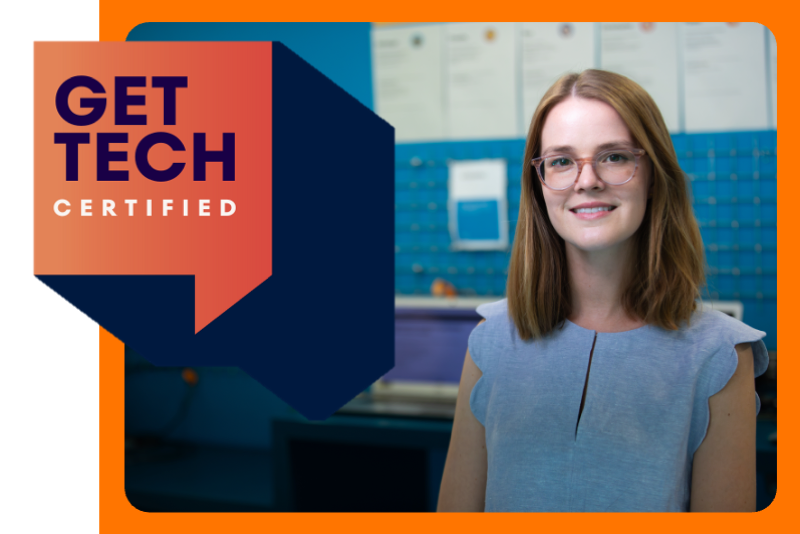 A woman standing in front of a blue background with several documents or certificates displayed on the wall. On the left side, a large graphic reads 