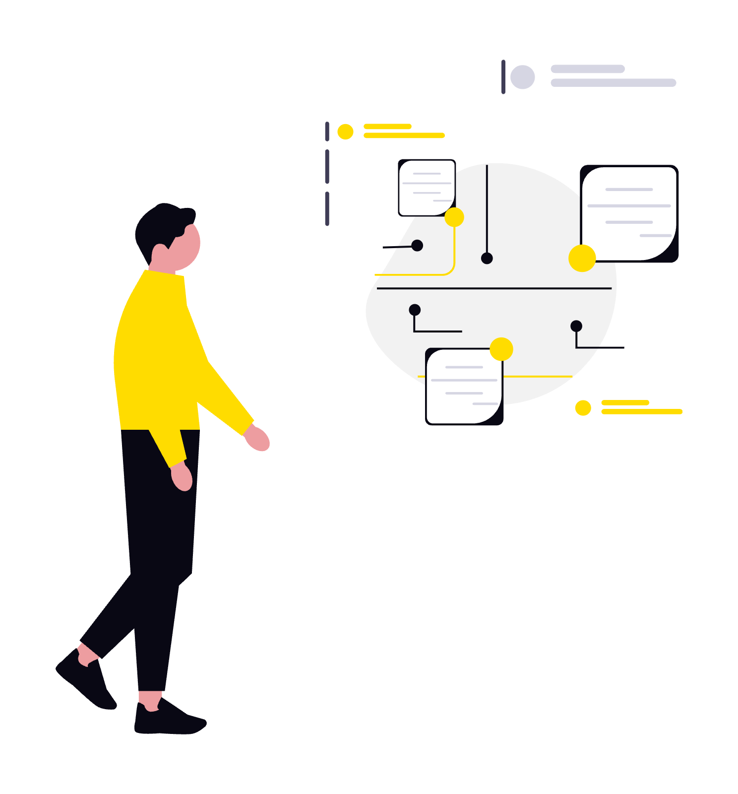 An illustration of a person in a yellow shirt and black trousers walking toward a graphical interface displaying interconnected text boxes and lines. The boxes contain placeholder text, and yellow dots and lines connect the elements, resembling a flowchart or network diagram.