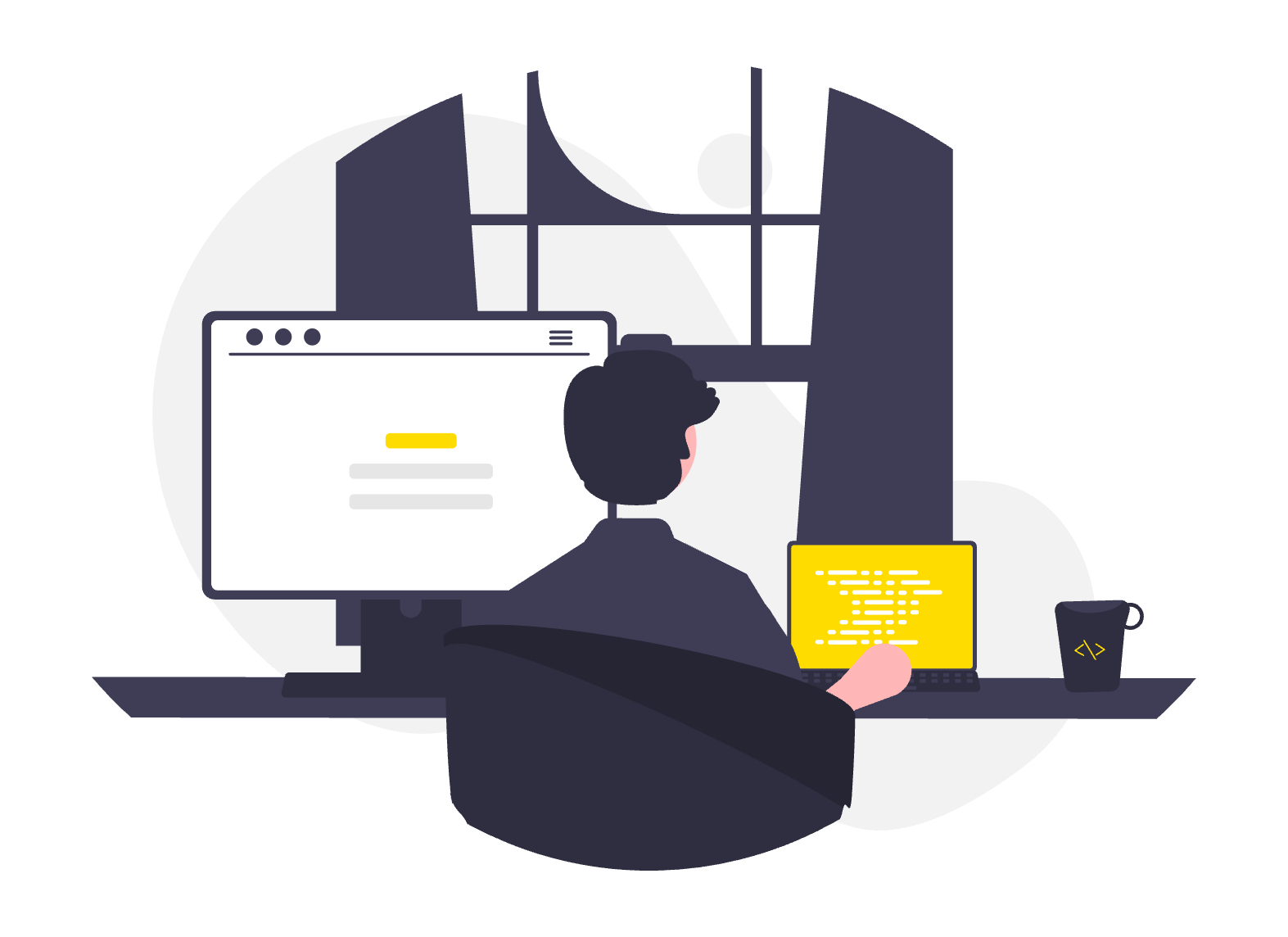 An illustration of a person seated at a desk with a dual-screen setup: a large monitor displaying a webpage and a laptop showing lines of code. A coffee mug sits nearby, suggesting a focused work environment typical of software development or web design.