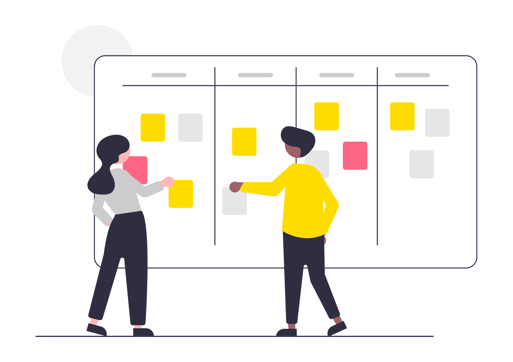 An illustration of two people standing in front of a large board with multiple columns and colourful sticky notes, interacting with the notes. The board resembles a Kanban or project management board, suggesting teamwork and task organisation.