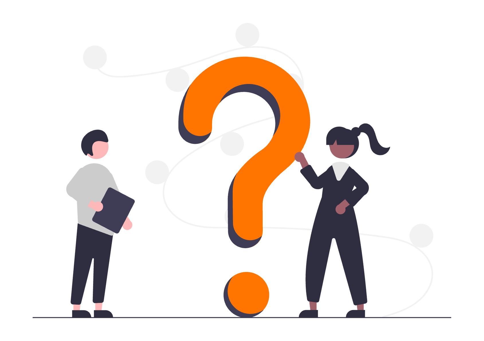 An illustration of two people standing on either side of a large orange question mark. The person on the left is holding a tablet or book, while the person on the right is pointing at the question mark. The background features abstract circular designs.