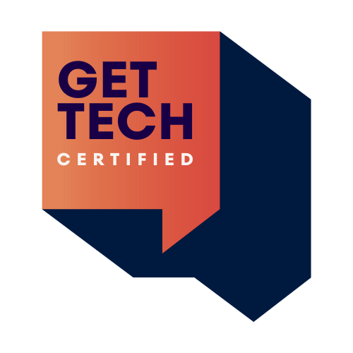 Logo with the text 'GET TECH CERTIFIED' inside a speech bubble shape. The bubble has a gradient from orange to red with a dark blue shadow. 'GET TECH' is in dark blue, and 'CERTIFIED' is in white, all in bold uppercase letters.