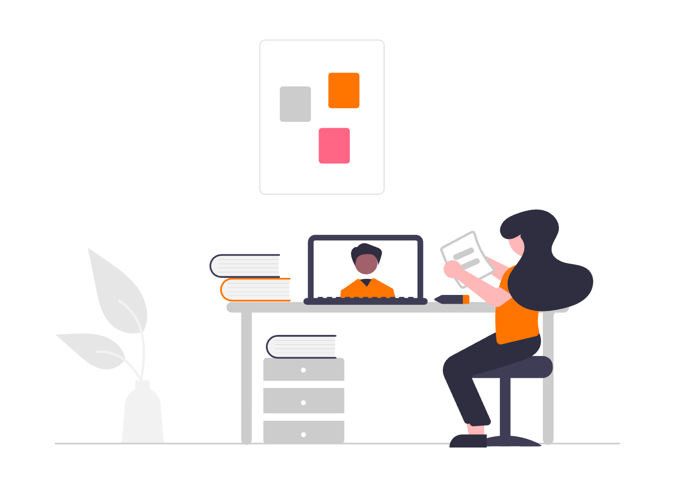 An illustration of a person sitting at a desk, holding a piece of paper and looking at a laptop screen showing another person, suggesting a video call. The desk has stacked books and a small drawer unit underneath. A plant is in the background, and an abstract artwork with grey, orange, and pink squares hangs on the wall above.