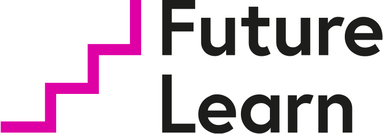 Logo with the words 'Future Learn' in black, with a pink coloured lined staircase image to the left.