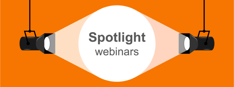 Illustration of two stage spotlights shining toward the centre, illuminating a white circle with the words ‘Spotlight webinars’ on an orange background.