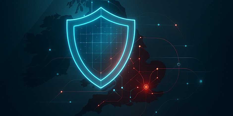 A glowing blue shield icon overlaid on a dark map of the United Kingdom, with red and blue network-style connection lines and nodes indicating cyber activity or security monitoring. A cluster of red nodes highlights a concentrated area of potential threat in the southeast region.
