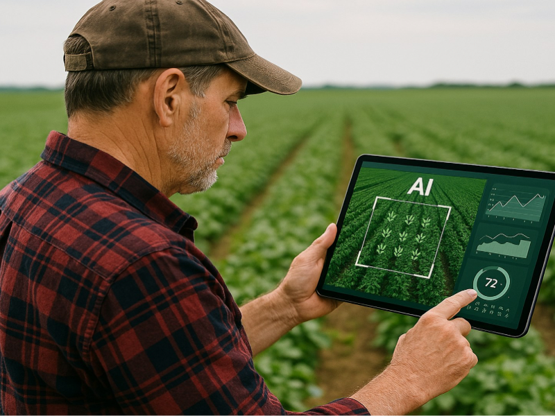 A man in a cap and plaid shirt stands in a crop field holding a tablet displaying AI-powered agricultural analytics, including plant imagery, charts, and performance indicators.