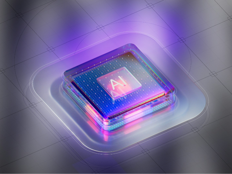 An illuminated AI microchip sits on a metallic surface, glowing with vibrant purple and blue light, highlighting its circuitry and futuristic design.