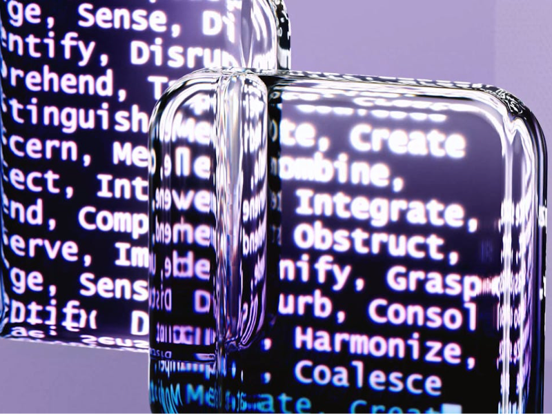 An abstract image showing magnified, distorted reflections of white text on a digital screen, refracted through transparent, glass-like shapes against a soft purple background.
