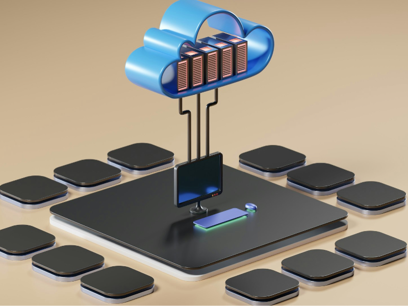 3D illustration of a cloud server connected by cables to a desktop computer on a platform, surrounded by multiple black square nodes representing a cloud‑computing network.