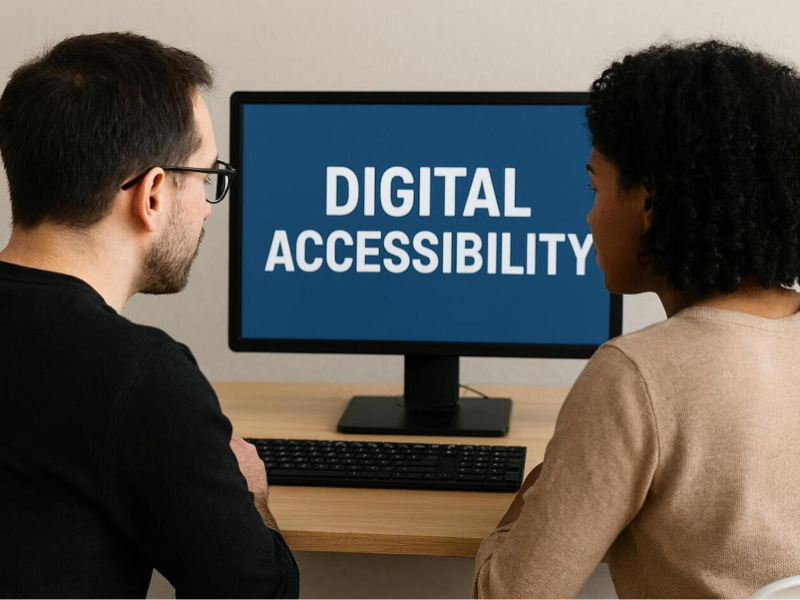 Two people sitting at a desk looking at a computer monitor that displays the words “DIGITAL ACCESSIBILITY” on a blue background.