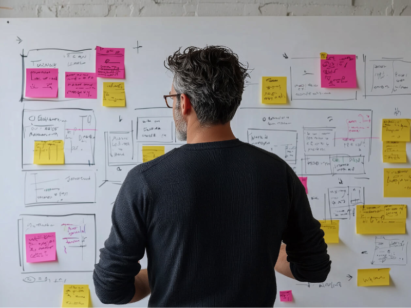 A person standing in front of a large whiteboard covered with hand‑drawn diagrams and clusters of yellow and pink sticky notes, reviewing and analysing the layout and notes.