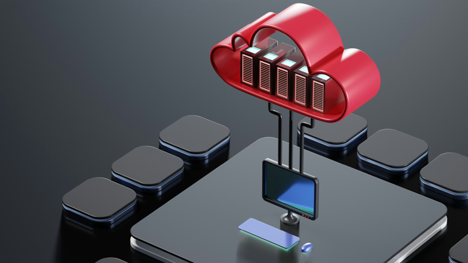 A 3D illustration showing a red cloud-shaped server icon hovering above a computer chip. Inside the cloud are multiple server racks, connected by cables to a small monitor and keyboard on the chip surface, representing cloud computing or cloud infrastructure.