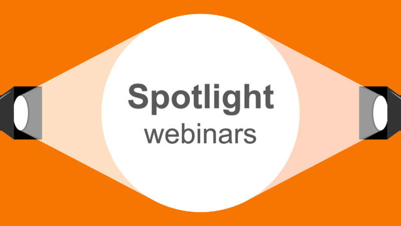 Illustration of two stage spotlights shining toward the centre, illuminating a white circle with the words ‘Spotlight webinars’ on an orange background.