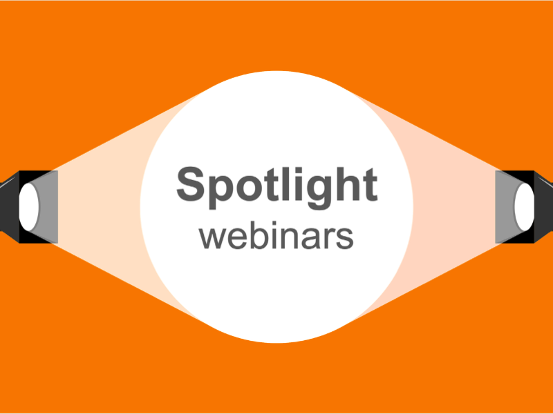 Illustration of two stage spotlights shining toward the centre, illuminating a white circle with the words ‘Spotlight webinars’ on an orange background.