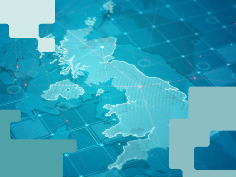 A digital map illustration of the United Kingdom and Ireland, shown in shades of blue, with glowing network-style lines and connection points overlaid. Abstract geometric shapes frame the edges of the image.