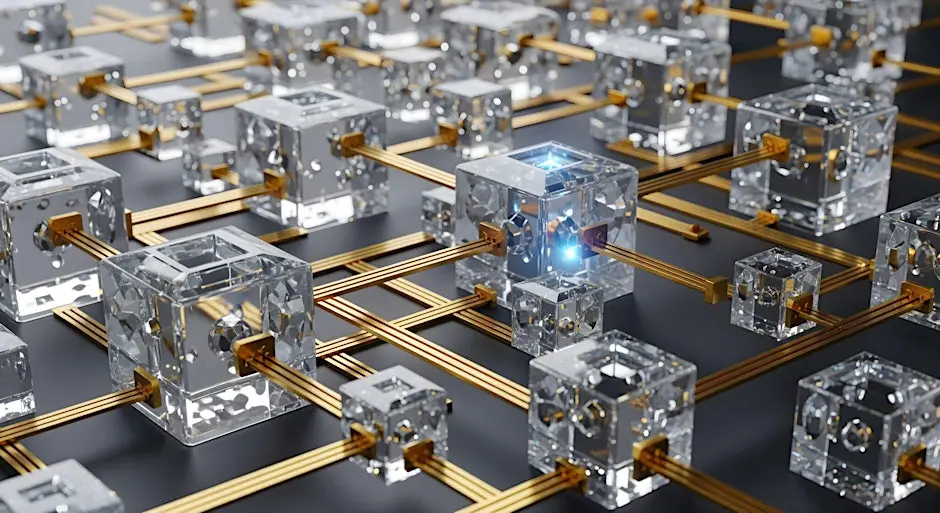 A stylised 3D illustration of interconnected transparent cubes linked together by gold rods, forming a complex network. One cube near the centre emits a bright blue glow, highlighting it as an active or important node. The scene resembles a conceptual visualisation of digital networks, blockchain systems, or data connectivity.