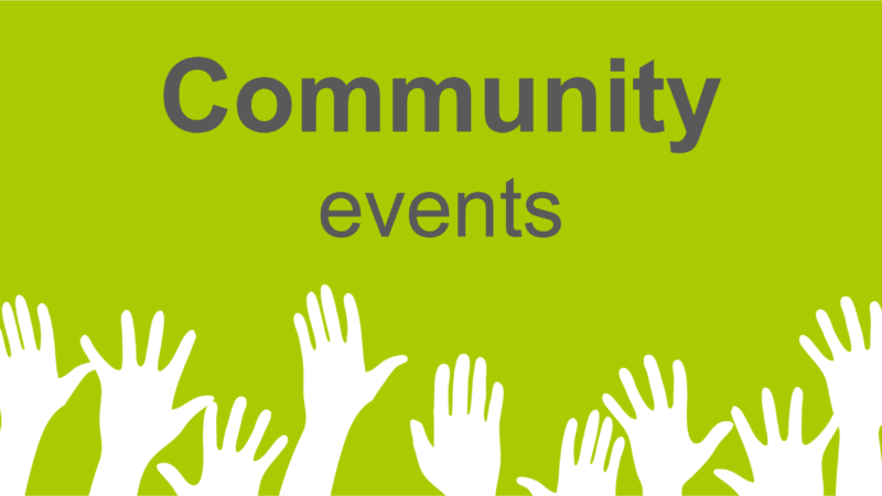 A bright green graphic with the words “Community events” in large grey text centred near the top. Along the bottom, a row of white silhouetted hands of different sizes are raised upwards, suggesting participation and engagement.