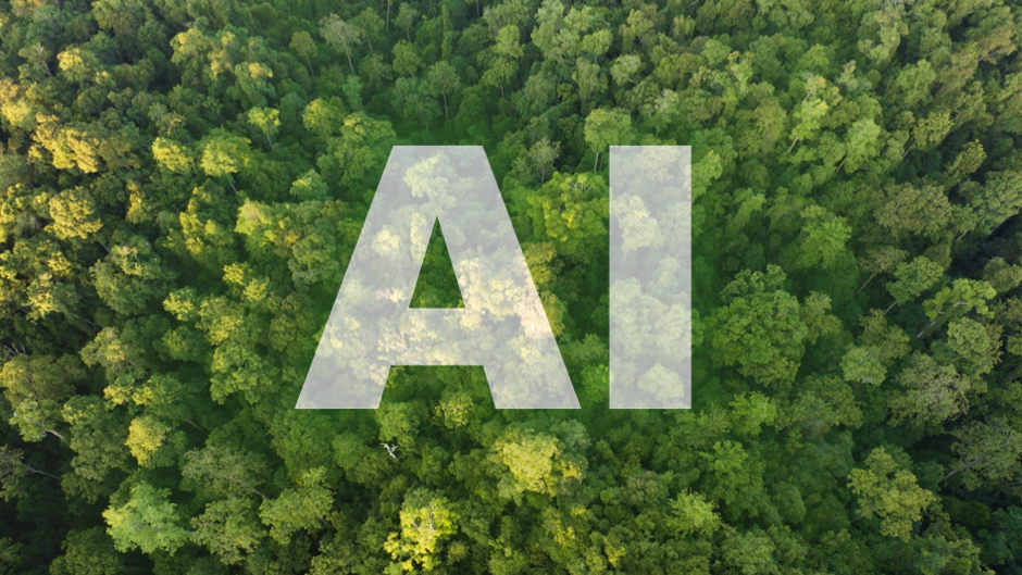 Aerial view of a dense green forest canopy with a large, semi-transparent “AI” text overlay centred across the image. Various shades of green from closely packed trees create a textured natural landscape beneath the bold lettering, visually linking artificial intelligence with nature and environmental themes.