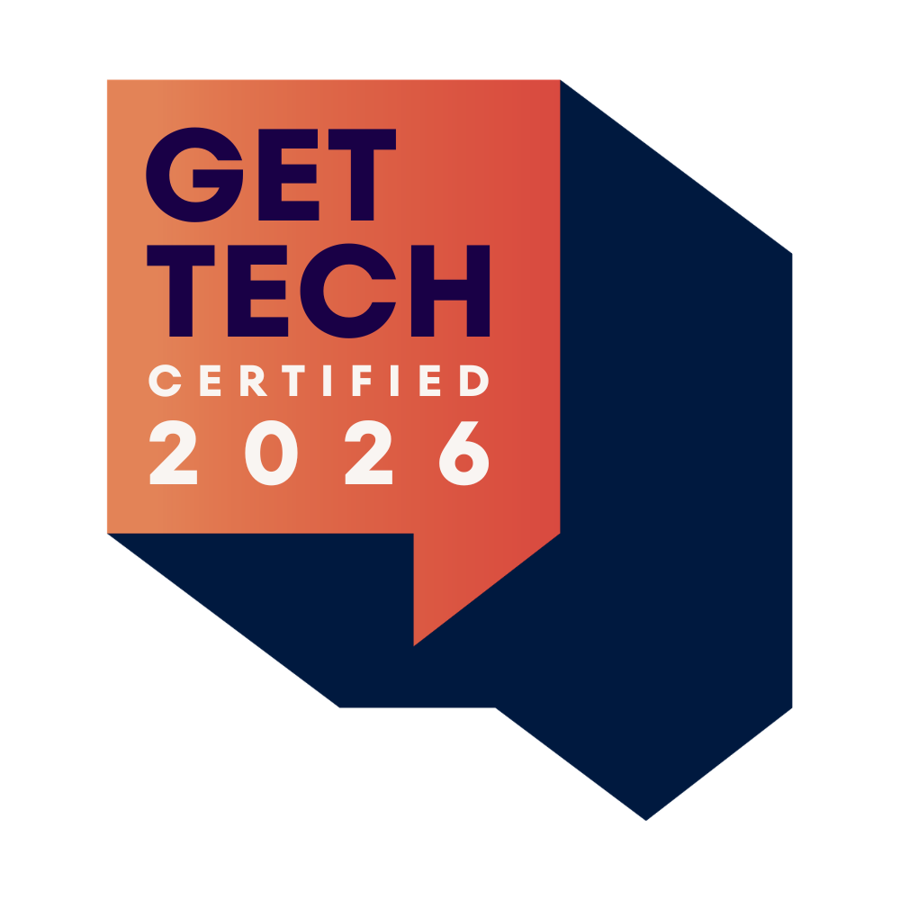 Logo with the text 'GET TECH CERTIFIED' inside a speech bubble shape. The bubble has a gradient from orange to red with a dark blue shadow. 'GET TECH' is in dark blue, and 'CERTIFIED' and '2026' is in white, all in bold uppercase letters.