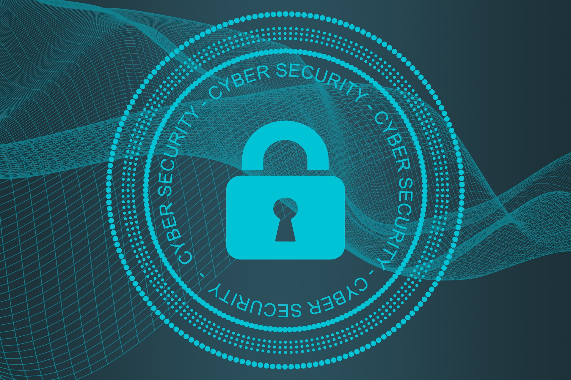 Illustration representing cybersecurity, featuring a large padlock icon at the centre of multiple concentric circular patterns. The words “CYBER SECURITY” are repeated around the circular design. The background contains flowing wave-like grid lines and digital-style graphics in blue and turquoise tones, creating a technology-focused appearance associated with data protection and information security.