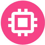 Pink circular icon with a white microchip symbol in the centre.